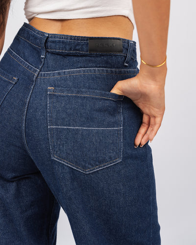 Jean Baggy Droit Taille Haute Délavé Avec Revers