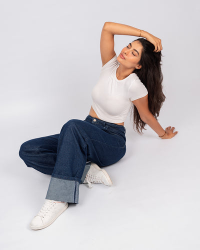 Jean Baggy Droit Taille Haute Délavé Avec Revers