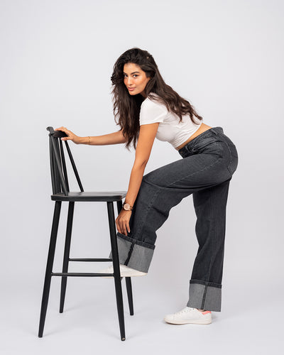 Jean Baggy Droit Taille Haute Délavé Avec Revers