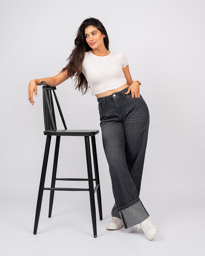 Jean Baggy Droit Taille Haute Délavé Avec Revers