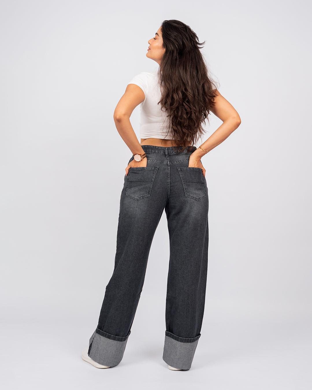 Jean Baggy Droit Taille Haute Délavé Avec Revers