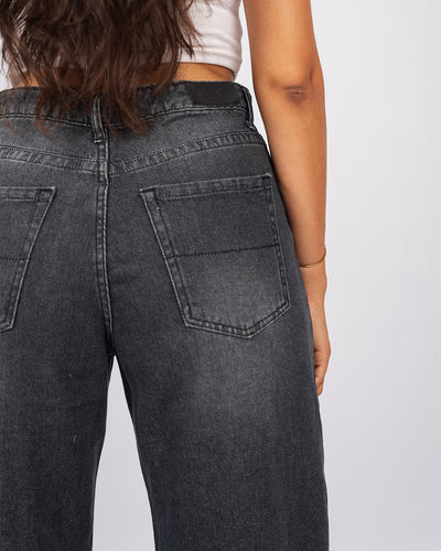 Jean Baggy Droit Taille Haute Délavé Avec Revers