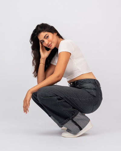 Jean Baggy Droit Taille Haute Délavé Avec Revers