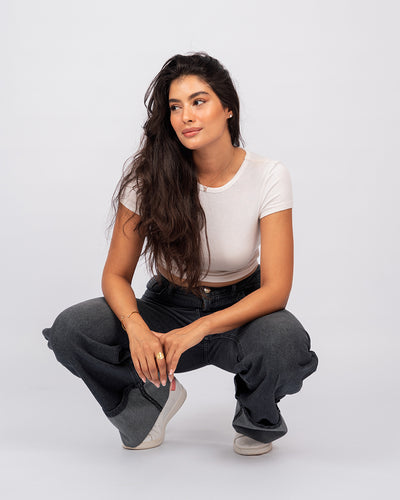 Jean Baggy Droit Taille Haute Délavé Avec Revers