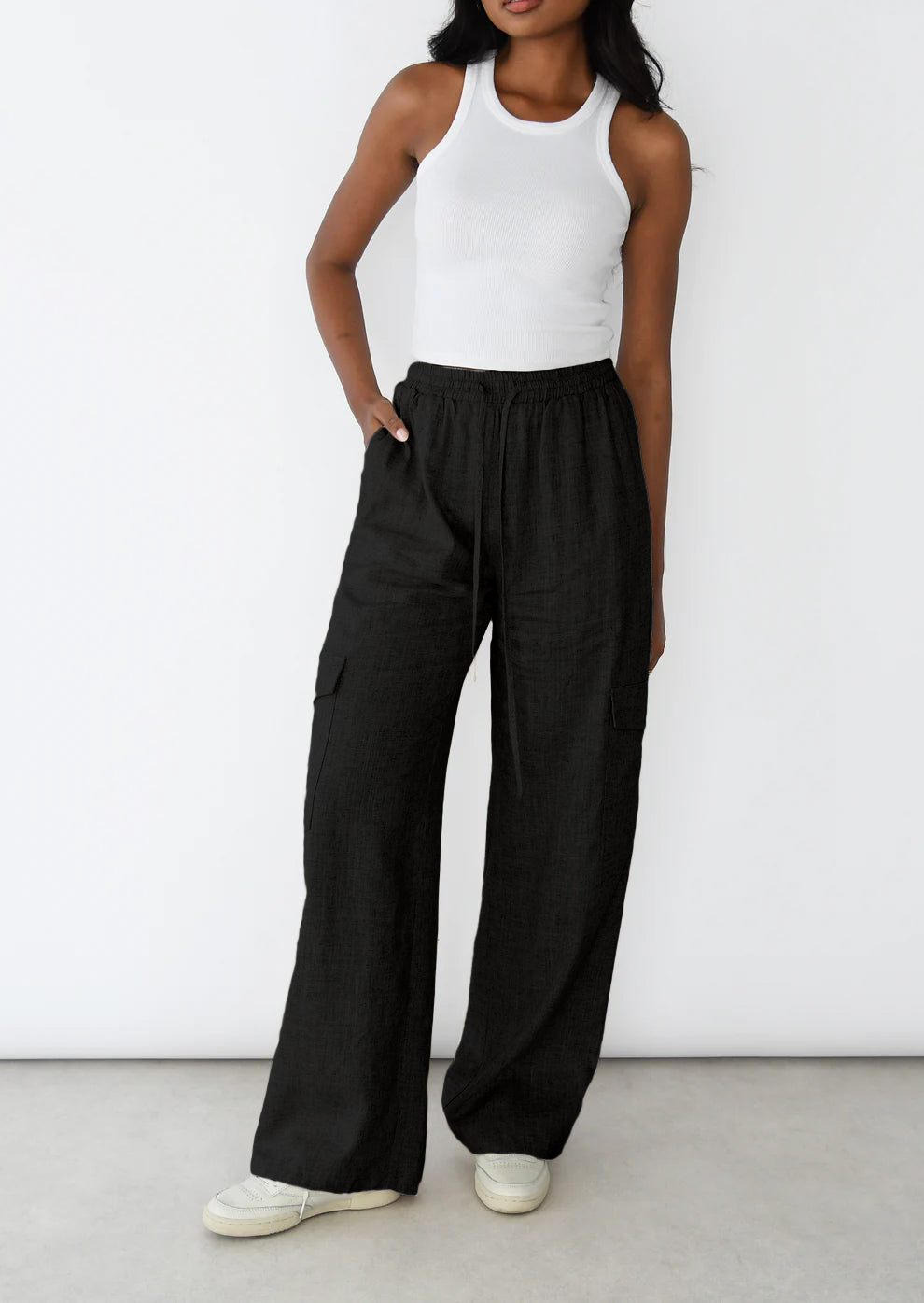 DESIGN - Pantalon cargo en popeline à taille élastique - Noir DESIGN - Pantalon cargo en popeline à taille élastique - Noir