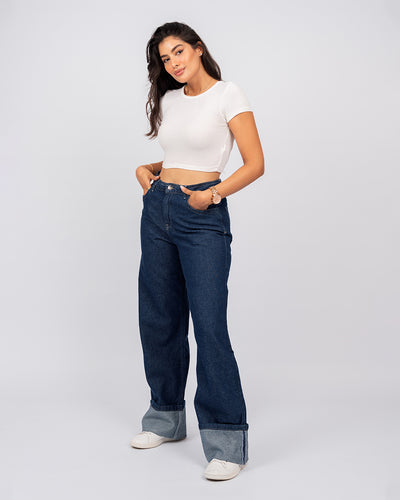 Jean Baggy Droit Taille Haute Délavé Avec Revers