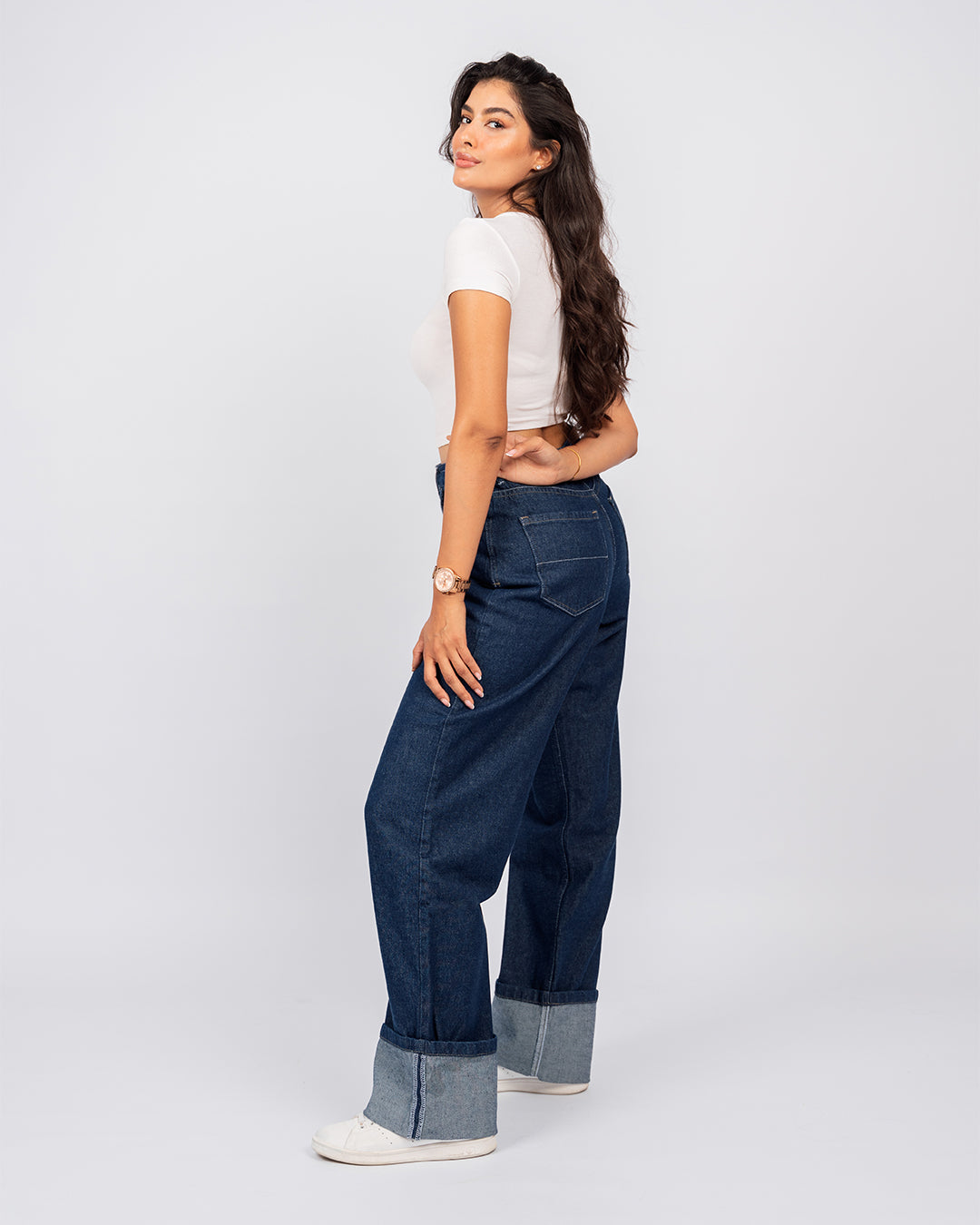Jean Baggy Droit Taille Haute Délavé Avec Revers