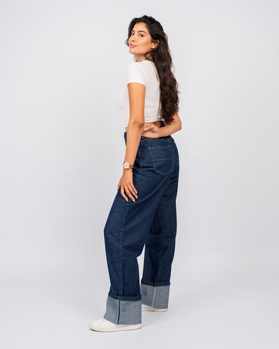 Jean Baggy Droit Taille Haute Délavé Avec Revers