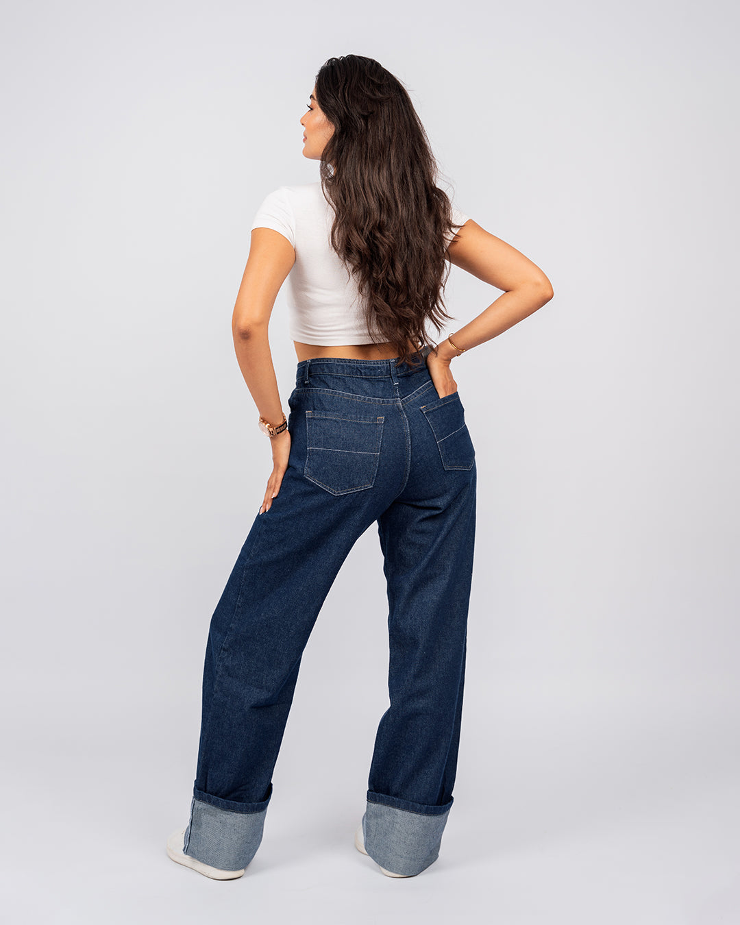 Jean Baggy Droit Taille Haute Délavé Avec Revers