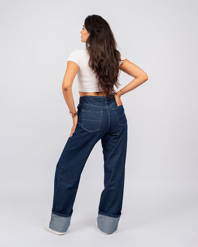 Jean Baggy Droit Taille Haute Délavé Avec Revers