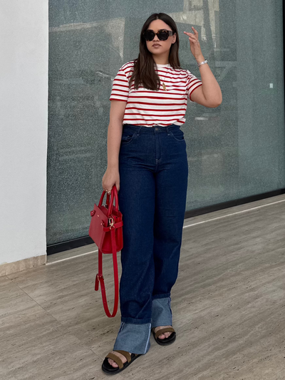Jean Baggy Droit Taille Haute Délavé Avec Revers