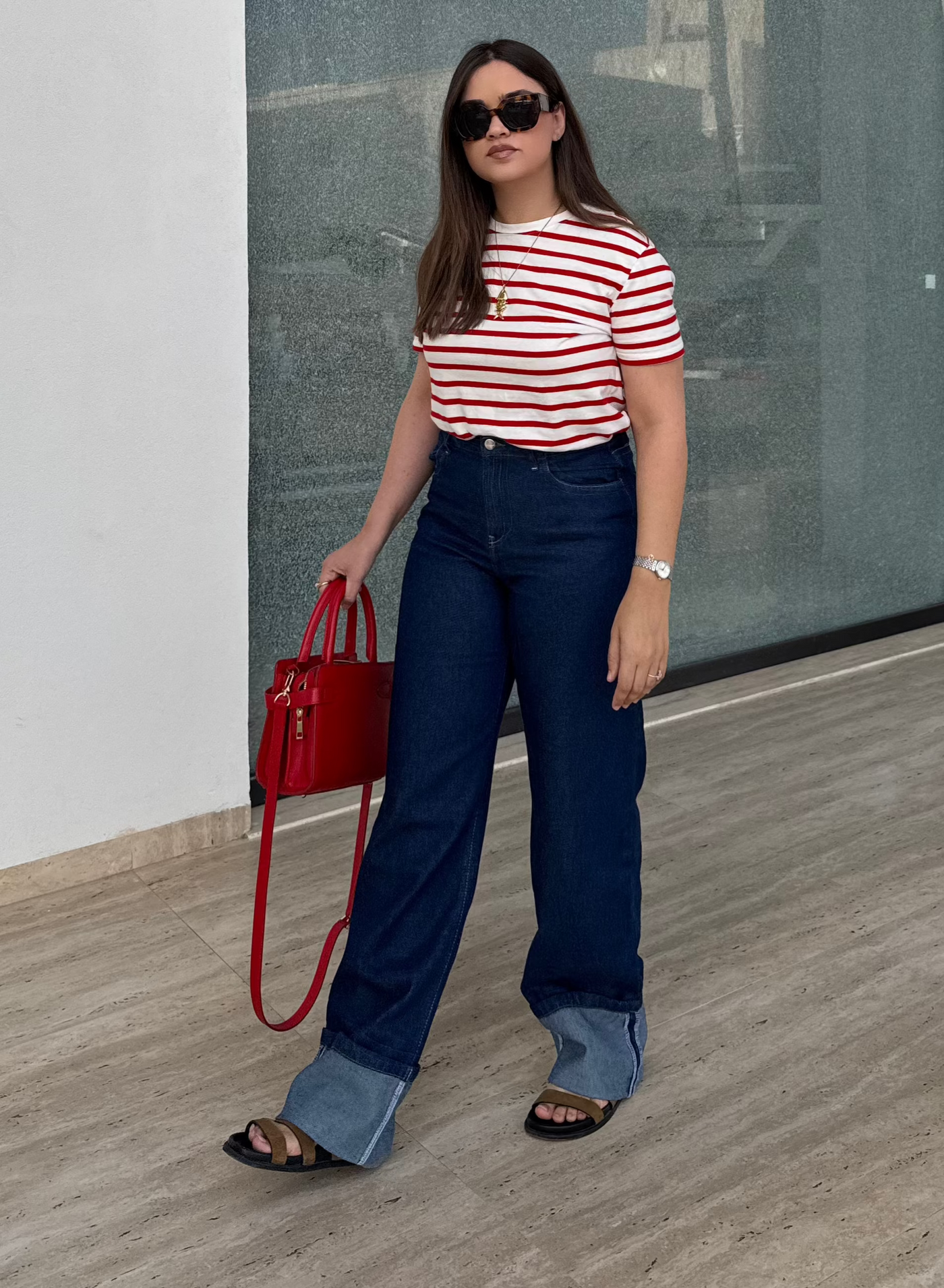 Jean Baggy Droit Taille Haute Délavé Avec Revers