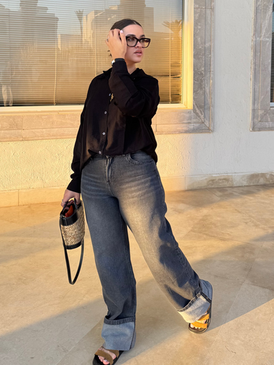 Jean Baggy Droit Taille Haute Délavé Avec Revers