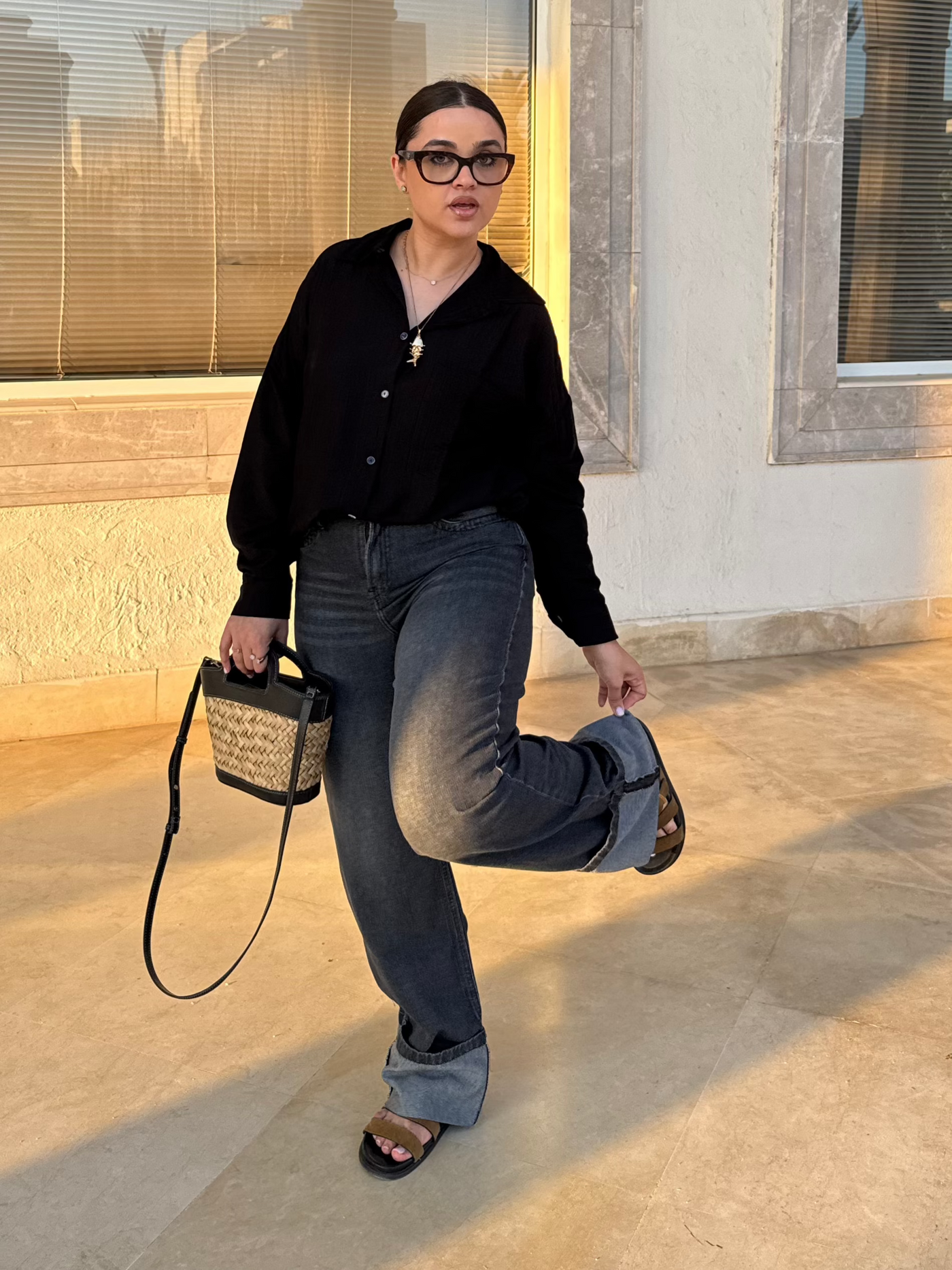 Jean Baggy Droit Taille Haute Délavé Avec Revers
