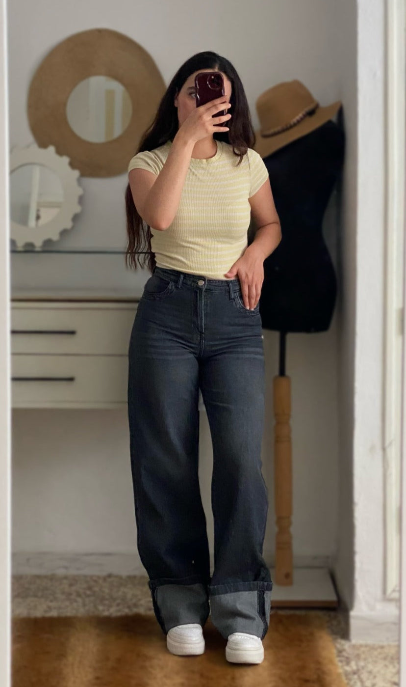 Jean Baggy Droit Taille Haute Délavé Avec Revers