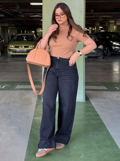 Jean Baggy Droit Taille Haute Délavé Avec Revers